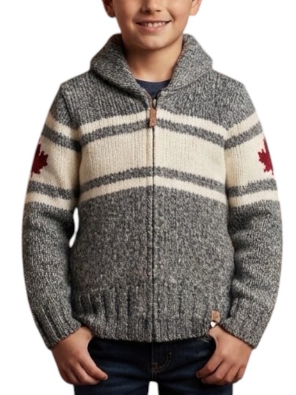 CANADIANA Boys Grey Chunky Knit Skier Cowichan Zip Up Cardigan Sweater 5Y
